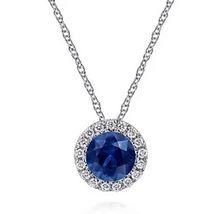 14k White Gold Sapphire And Diamond Halo Pendant Necklace