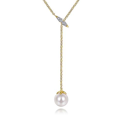14K Yellow Gold Y Knot Cultured Pearl and Diamond Necklace