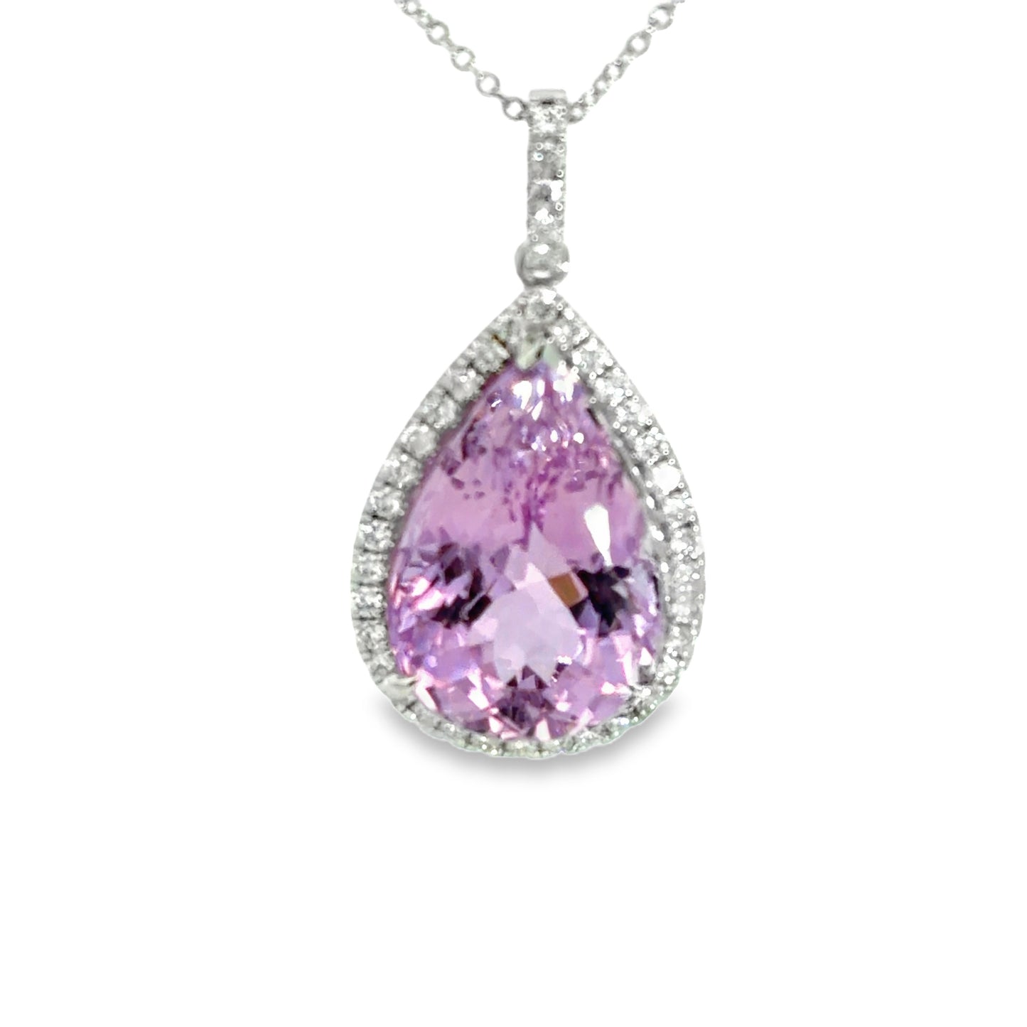 Lady's White 18 Karat Halo Pendants Length 18 With One = 11.44Ct Pear Kunzite And 39 = 0.47Twt Round H Si1 Diamonds