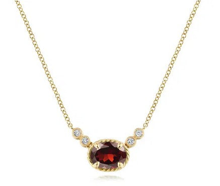 14K Yellow Gold Oval Garnet Pendant Necklace with Diamond Accents