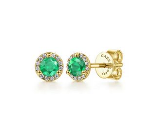 14K Yellow Gold Diamond and Emerald Halo Stud Earrings