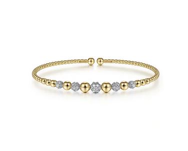 14K Yellow-White Gold Bujukan Bead Cuff Bracelet with Pave Diamond Stations