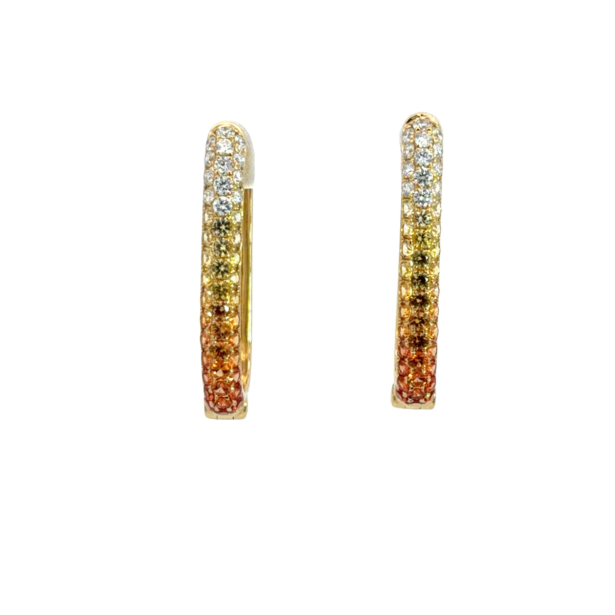Lady's Yellow 18 Karat Medium Hoop Earrings With 66 = 1.24Twt Round Sapphires And 26 = 0.42Twt Round H Si1 Diamonds
