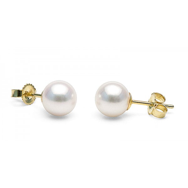 Lady's Yellow 14 Karat Stud Earrings With 2=5.00Mm Round White Pearls