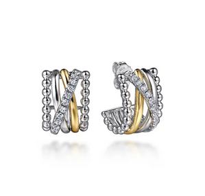 925 Sterling Silver and 14K Yellow Gold Bujukan White Sapphire Criss Cross J Hoop Earrings