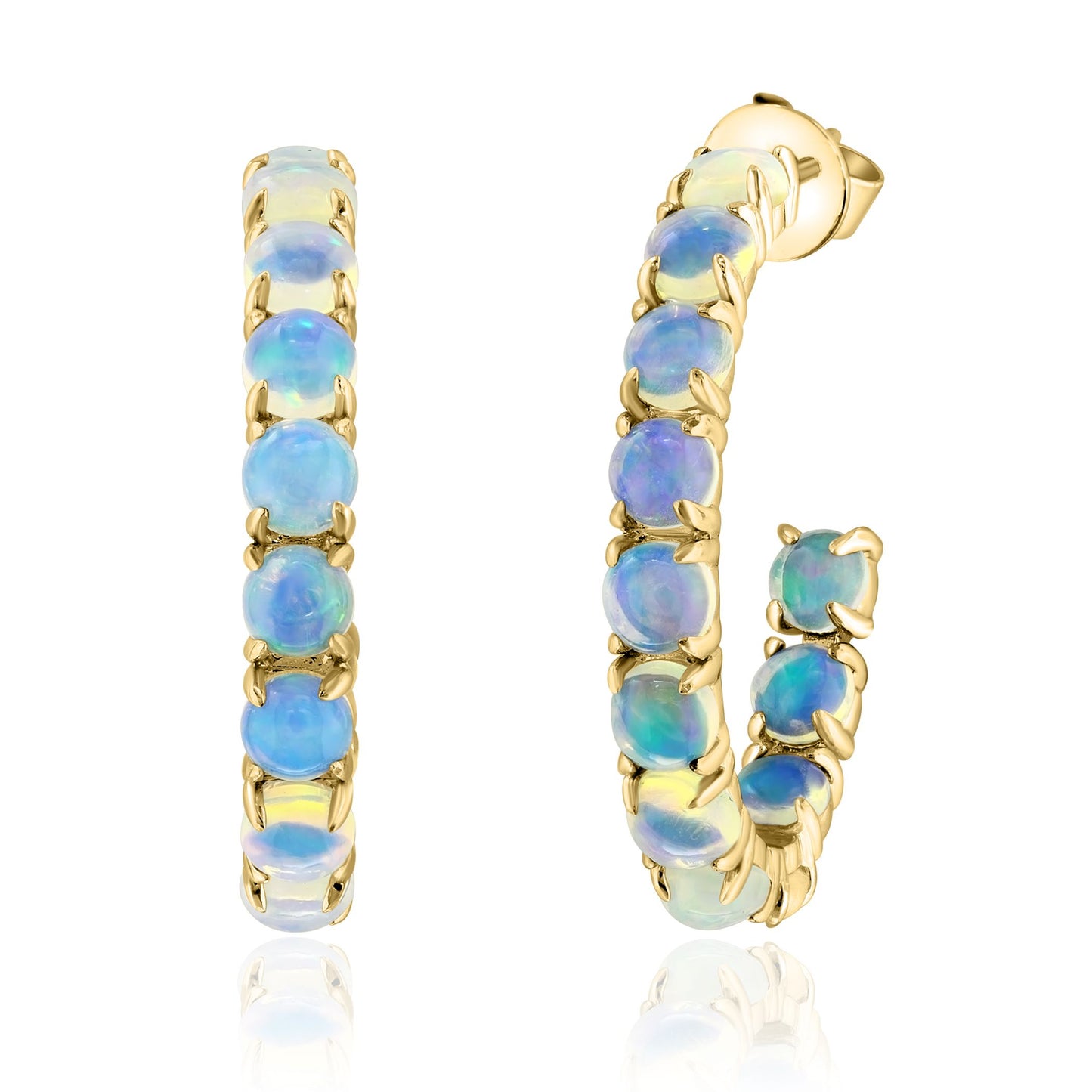 Lady's Yellow 14 Karat Medium Hoop Earrings With 24 4.46Tw Round Opals