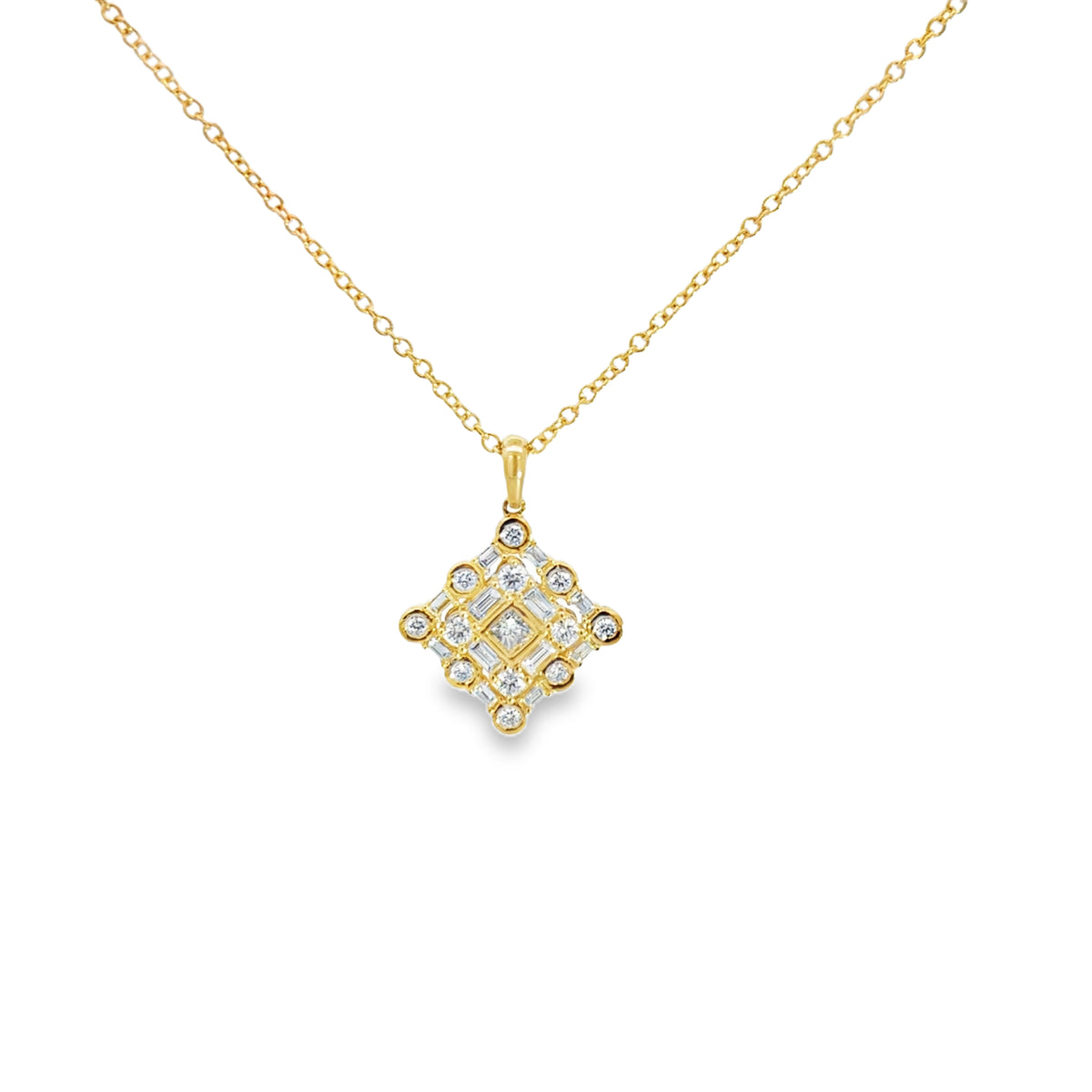 Lady's Yellow 18 Karat Drop Pendant Length 18 With 12 = 0.21Twt Baguette G/H Si2 Diamonds And One = 0.08Ct Princess G/H Si2 Diamond