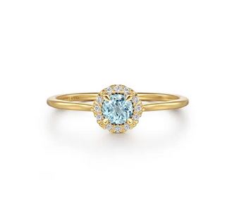 14K Yellow Gold Aquamarine and Diamond Halo Promise Ring