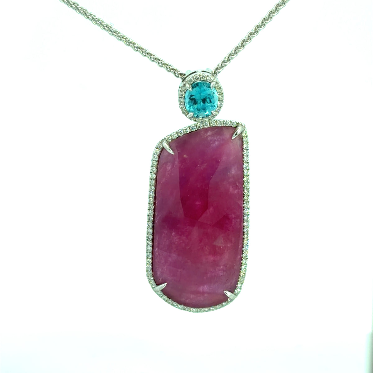 Lady's White 14 Karat Halo Necklace Length 18 With One = 25.52Ct Various Shapes Ruby, One = 0.59Ct Round Zircon And 0.59 Twt Other Stones