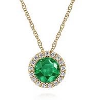 14k Yellow Gold Emerald And Diamond Halo Pendant Necklace