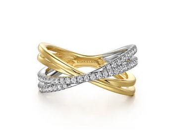 14k White And Yellow Gold Diamond Criss Cross Ladies Ring