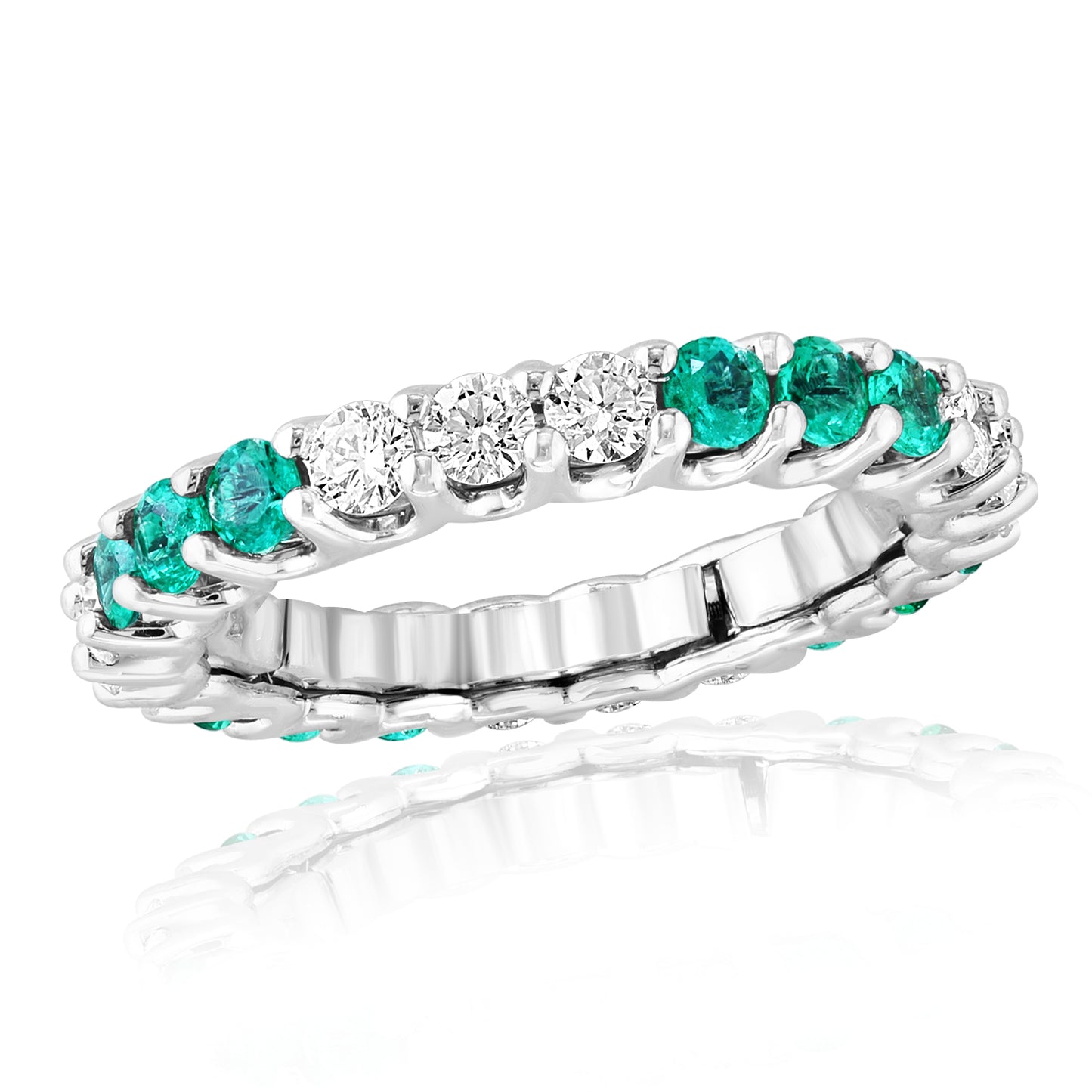Lady's White 18 Karat Eternity Fashion Ring Size 6.5 With 12 = 0.96Tw Round Emeralds And 12 = 1.04Tw Round Diamonds