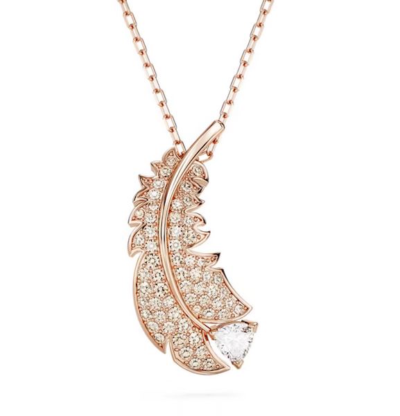 Idyllia pendant Feather, White, Rose gold-tone plated