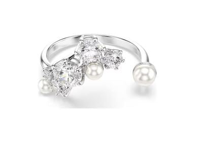 Constella open ring Crystal pearl, Round cuts, White, Rhodium plated 55