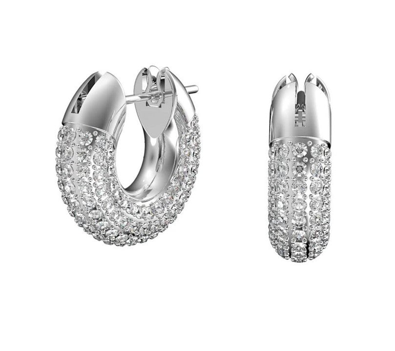 Dextera hoop earrings Pavé, White, Rhodium plated