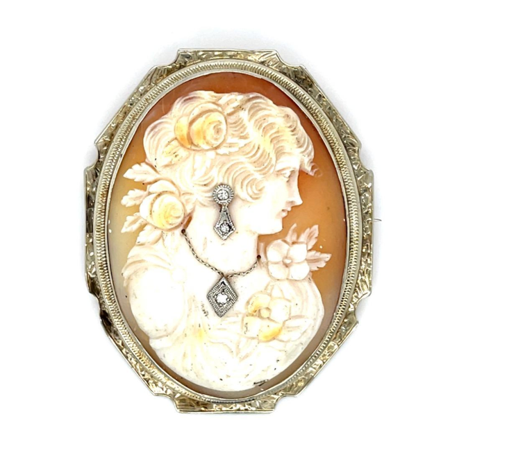 Original Art Deco .06ct Diamond Cameo Vintage Brooch (c 1930s) 2.25" 14.90g