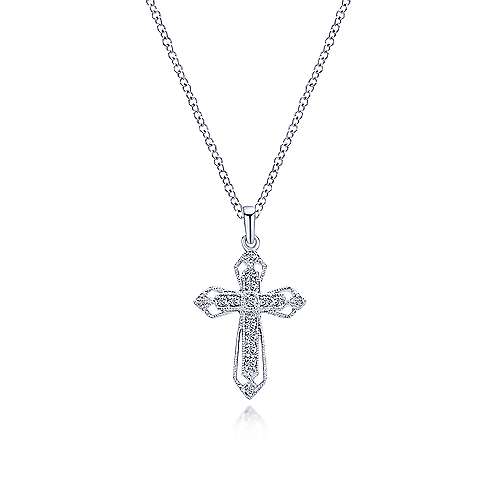 14k White Gold Openwork Diamond Cross Necklace
