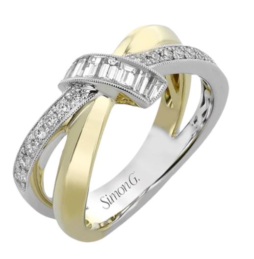 Lady's Two-Tone 18 Karat Free Form Fashion Ring Size 6.5 With 16=0.19Tw Round G Vs1 Diamonds And 7=0.25Tw Baguette G Vs1 Diamonds