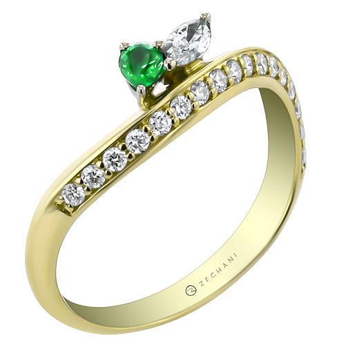 Lady's Two-Tone 14 Karat Prong Fashion Ring Size 6.5 With One = 0.07Ct Pear Emerald And 17 = 0.24Tw Round G Vs1 Diamonds
