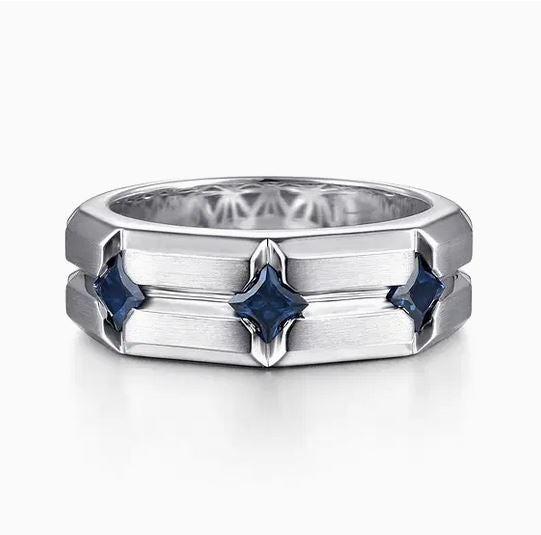 925 Sterling Silver Ring with Princess Cut Sapphire B quality Stations in Horizontal Brush Finish