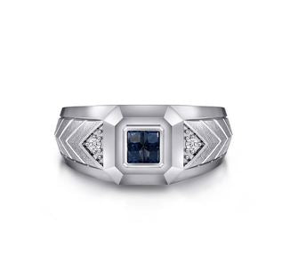 Wide 925 Sterling Silver Chevron Mens Ring with Sapphire in High Polished Finish