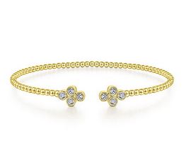 14k Yellow Gold Bujukan Bead Split Cuff Bracelet With Quatrefoil Diamond Endcaps
