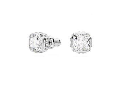 Birthstone stud earrings Square cut, April, White, Rhodium plated