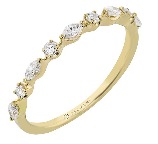 Lady's Yellow 14 Karat Prong Anniversary Ring Size 6.5 Old Key 264578 With 4 = 0.06Tw Round G Vs1 Diamonds And 5 = 0.18Tw Marquise G Vs1 Diamonds