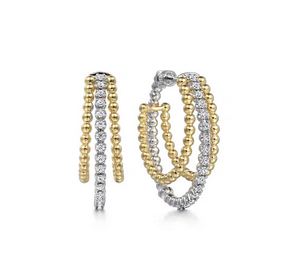 14K White-Yellow Gold Diamond Bujukan Intricate Hoop Earrings