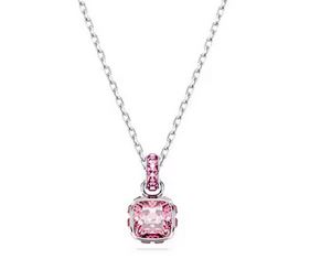 Birthstone pendant Square cut, October, Pink, Rhodium plated