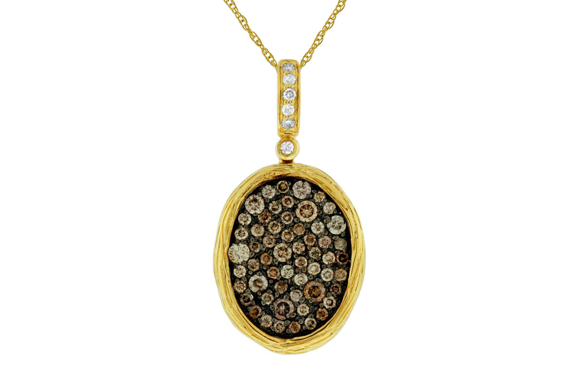 Lady's Yellow 14 Karat Free Form Pendant Length 18 With = 0.05Tw Round H/I Si2 Diamonds And = 0.70Tw Round Si2 Chocolate Diamonds