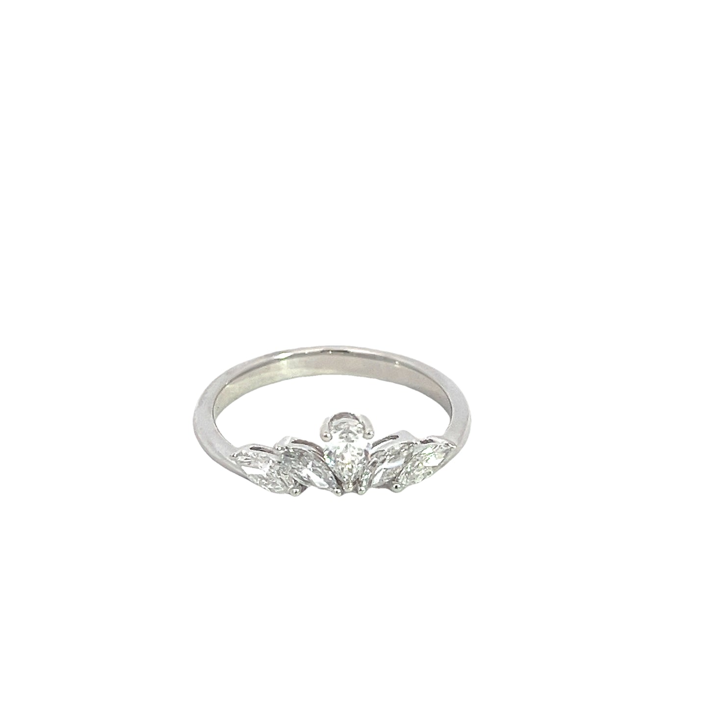 Lady's White 18 Karat Curved Anniversary Ring Size 6.5 With One = 0.19Ct Pear G Vs1 Diamond And 4 = 0.43Tw Marquise G Vs1 Diamonds