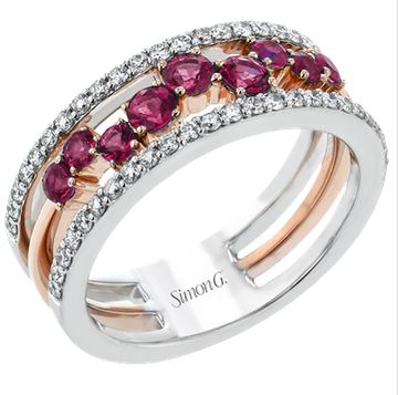 Lady's Two-Tone 18 Karat Prong Fashion Ring Size 6.5 With = 0.50Twt Round Rubies And = 0.38Twt Round G Vs1 Diamonds