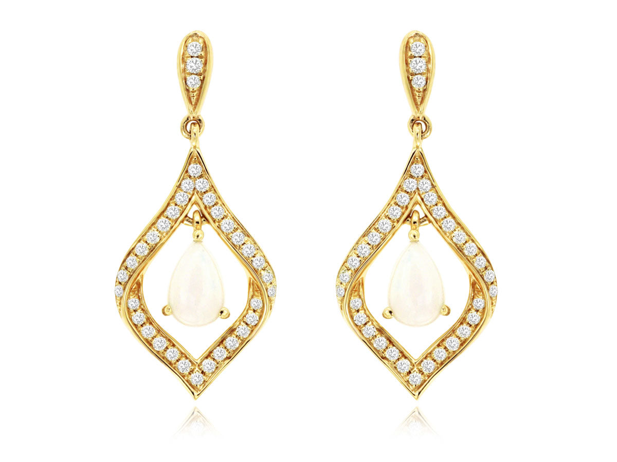 Lady's Yellow 14 Karat Drop Earrings With 2 0.50Tw Oval Opals And 0.29Tw Round I I1 Diamonds
