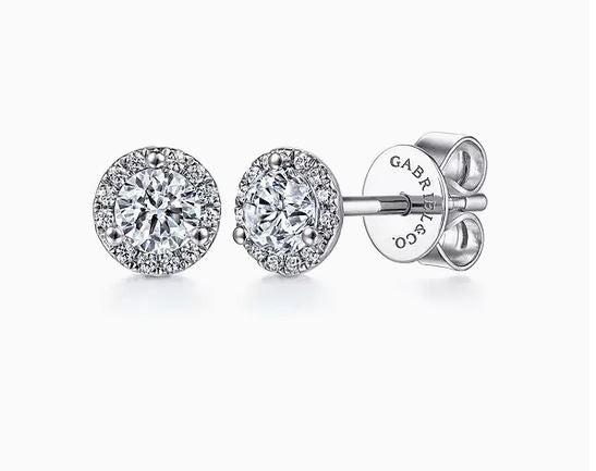 14k White Gold Round Cut Diamond Halo & White Sapphire Stud Earrings(4mm White Sapphire Center Stone)
