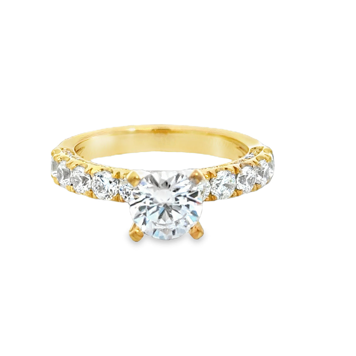 Yellow 18 Karat Classic / Prong / Pave Ring Size 6.5 With = 0.97Tw Round G Vs1 Diamonds
