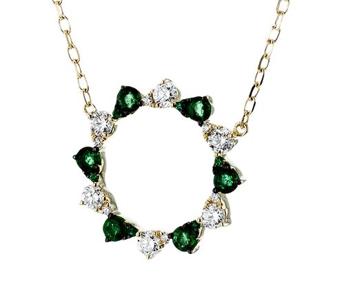 Lady's Yellow 14 Karat Free Form Pendants Length 18 With 12 = 0.29Tw Round G Vs1 Diamonds And = 0.27Tw Round Emeralds