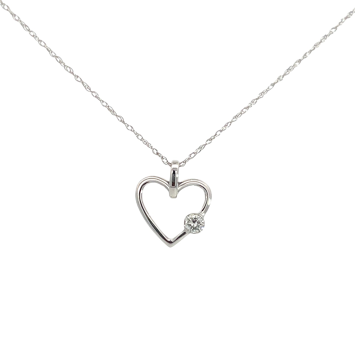 Lady's White 14 Karat Heart Pendant Length 18 With One = 0.10Ct Round I Si1 Diamond