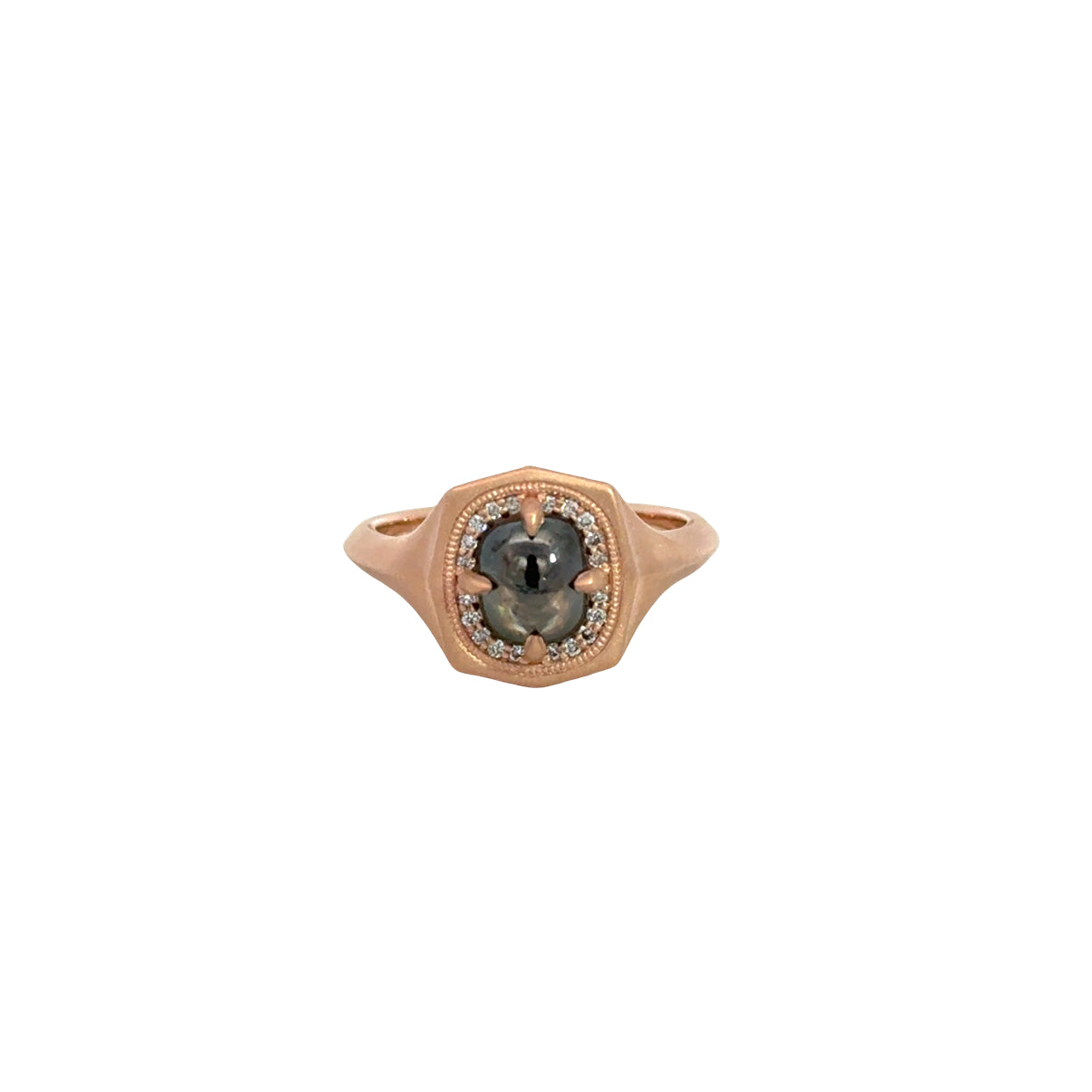 14K Rose Gold Aperture Style Ring, 1.11ct Grey Cushion Cut Cabochon 6.71x5.68x2.94, 0.16ct GH SI2 natural diamond melee