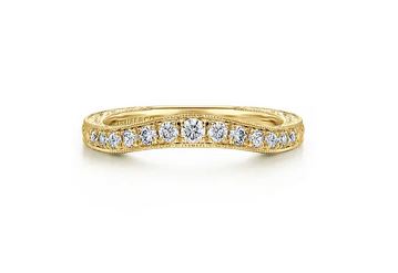 Vintage Inspired Curved 14k Yellow Gold Micro Pavé Diamond Wedding Band With Engraving