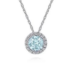 14k White Gold Aquamarine And Diamond Halo Pendant Necklace