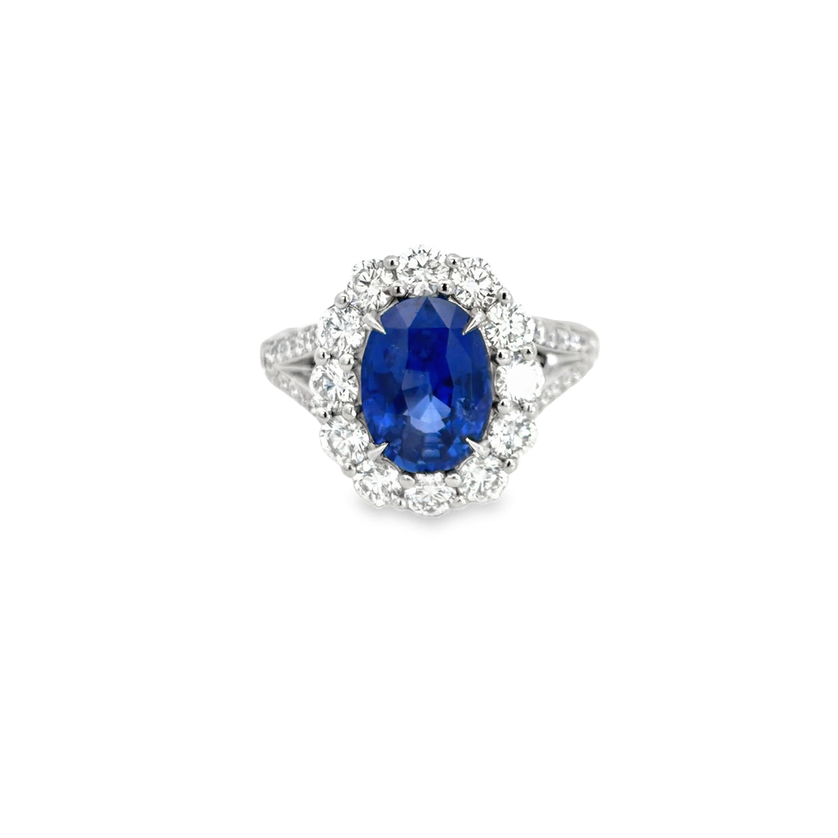 Lady's White Platinum Halo Fashion Ring Size 6.5 With One = 3.35Ct Oval Sapphire And 84 = 1.62Twt Round G/H Si2 Diamonds