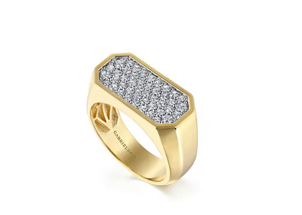 14K Yellow Gold Diamond Pave Mens Ring in Sand Blast Finish