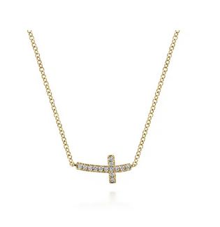 14K Yellow Gold Sideways Curved Diamond Cross Necklace