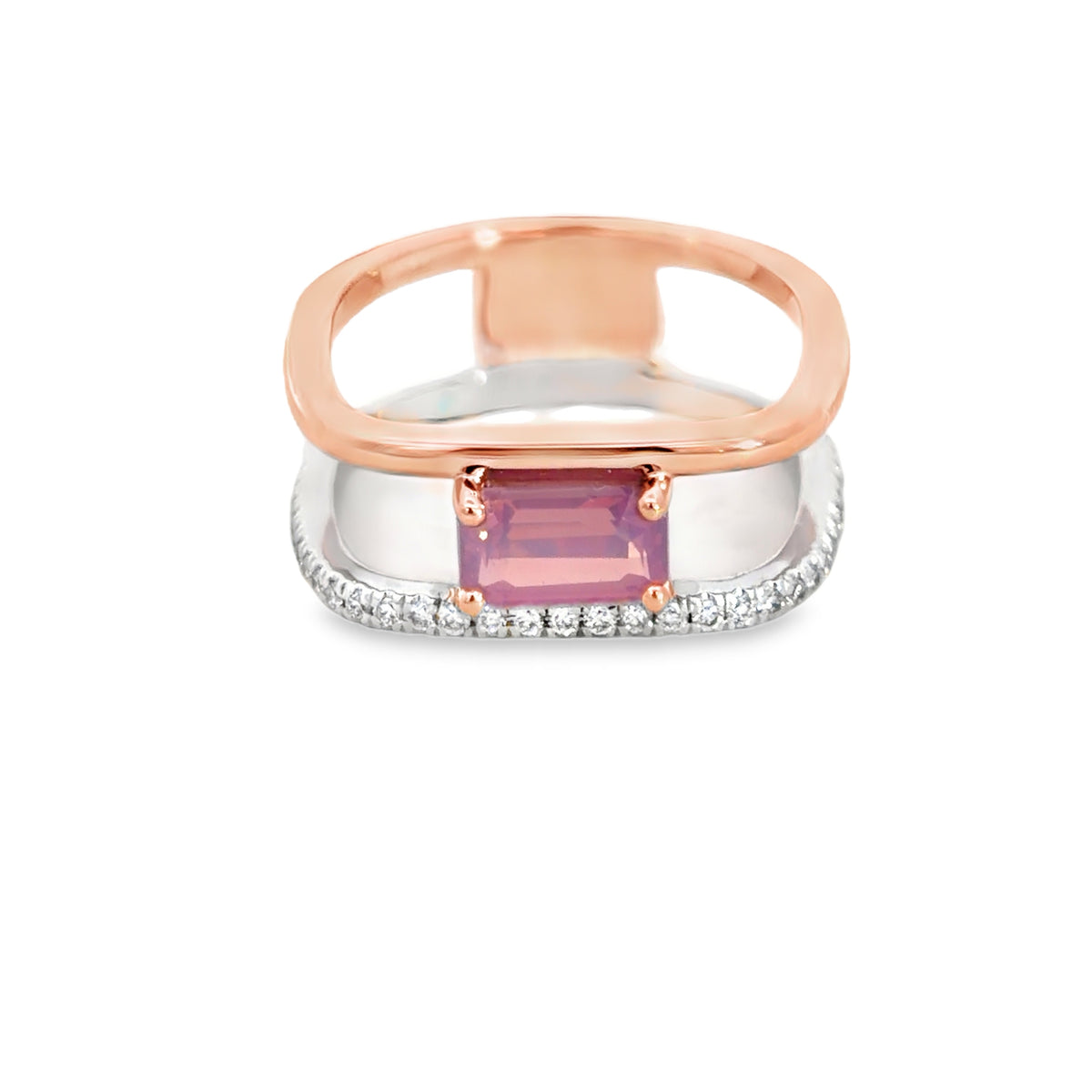 Lady's Two-Tone 14 Karat Emerald May Fashion Ring Size 6.5 With One = 1.14Ct Emerald Spinel, 49 = 0.32Twt Round G/H Vs1 Diamonds And 0.005 Twt Other Stones