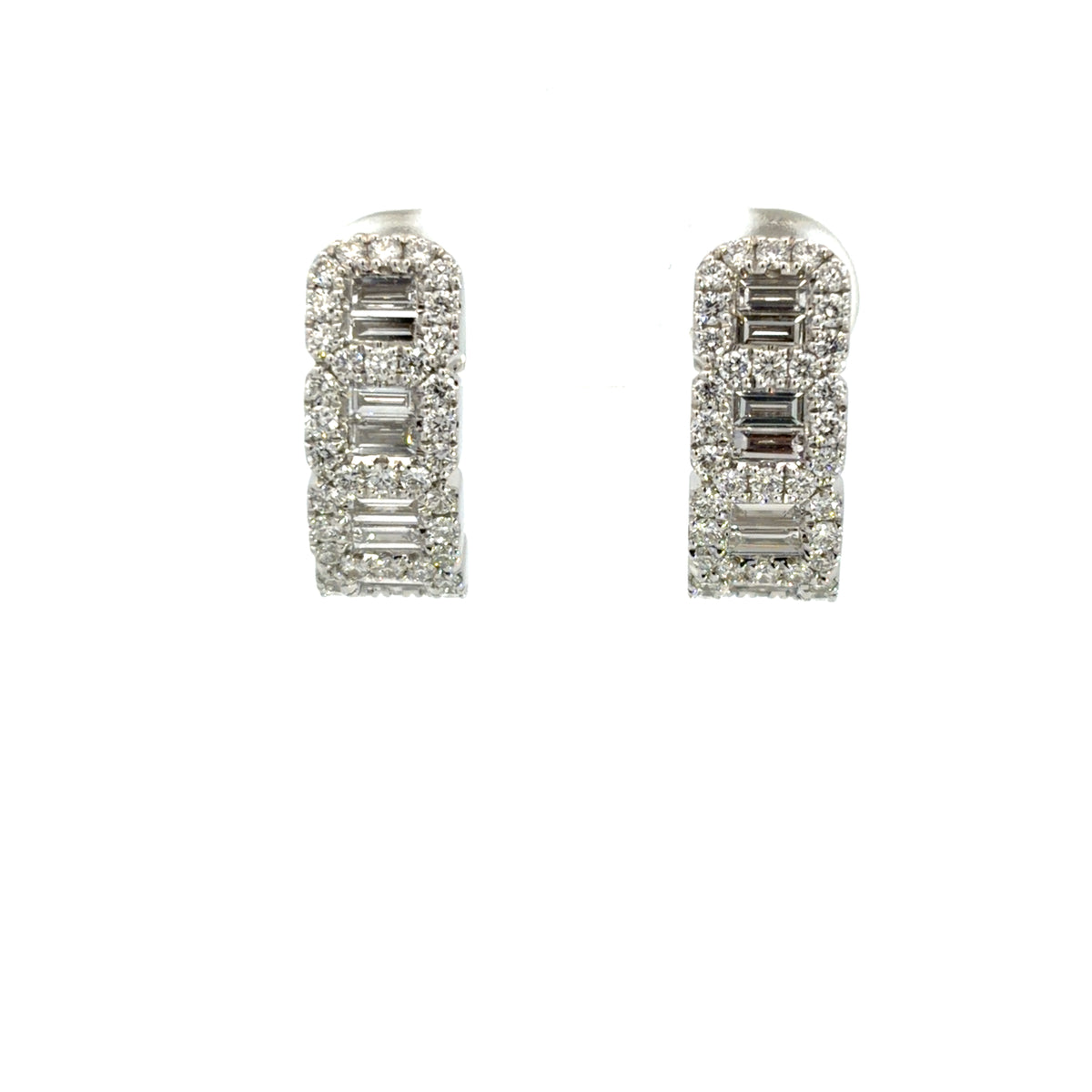 Lady's White 18 Karat Small Hoop Earrings With 78 = 0.87Twt Round G/H Si2 Diamonds And 16 = 0.85Twt Baguette G/H Si2 Diamonds