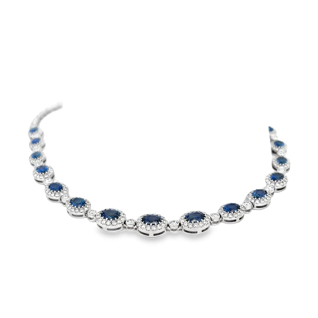 Lady's White 18 Karat Cluster Necklace With 15 = 4.55Twt Oval Sapphires And 226 = 1.31Twt Round H Si1 Diamonds