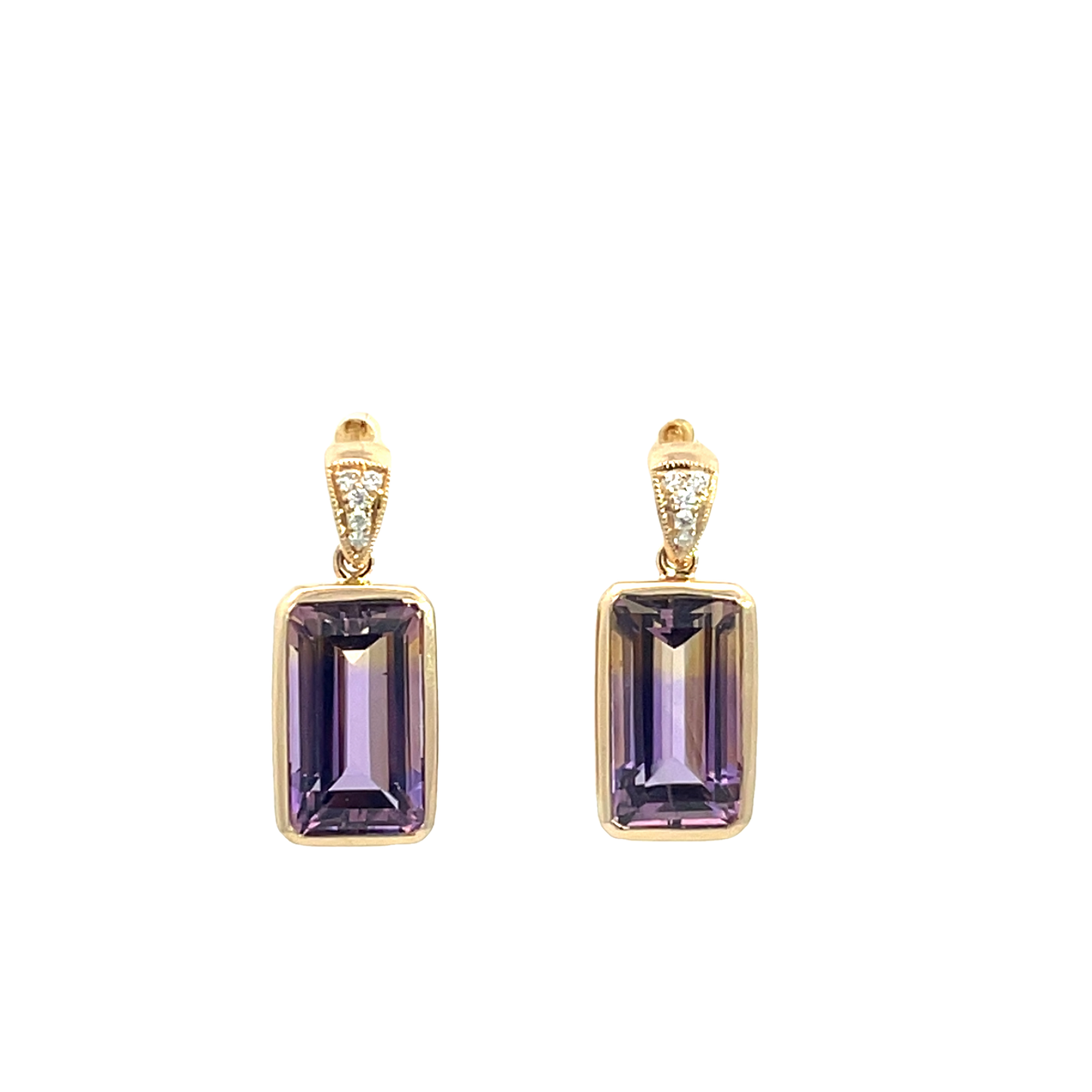 Lady's Yellow 14 Karat Drop Earrings With 2 7.98Tw Various Shapes Ametrines And 0.08Tw Round H/I Si2 Diamonds