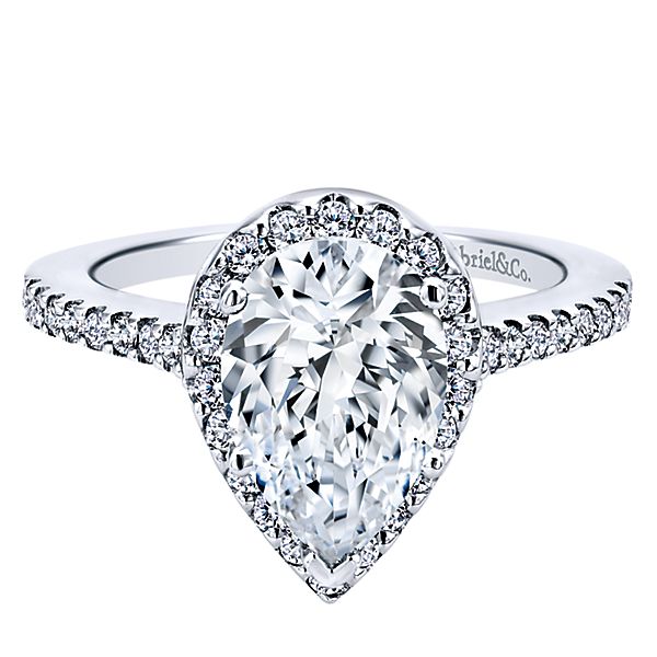 Lady's White 14 Karat Halo Lab Grown Engagement Ring Size 6.5 Old Key S2136761 With One = 1.08Ct Pear E Vvs2 Diamond And = 0.46Twt Round G/H Si2 Diamonds