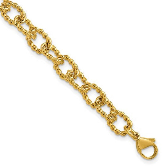 Chisel Stainless Steel Polished and Textured Yellow IP-plated Open Link 7 inch Plus a 1 inch Extension Bracelet